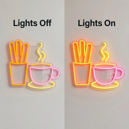 Hot Coffee And French Fries Wall Decor LED Neon Sign - 06 Day Night Comparison