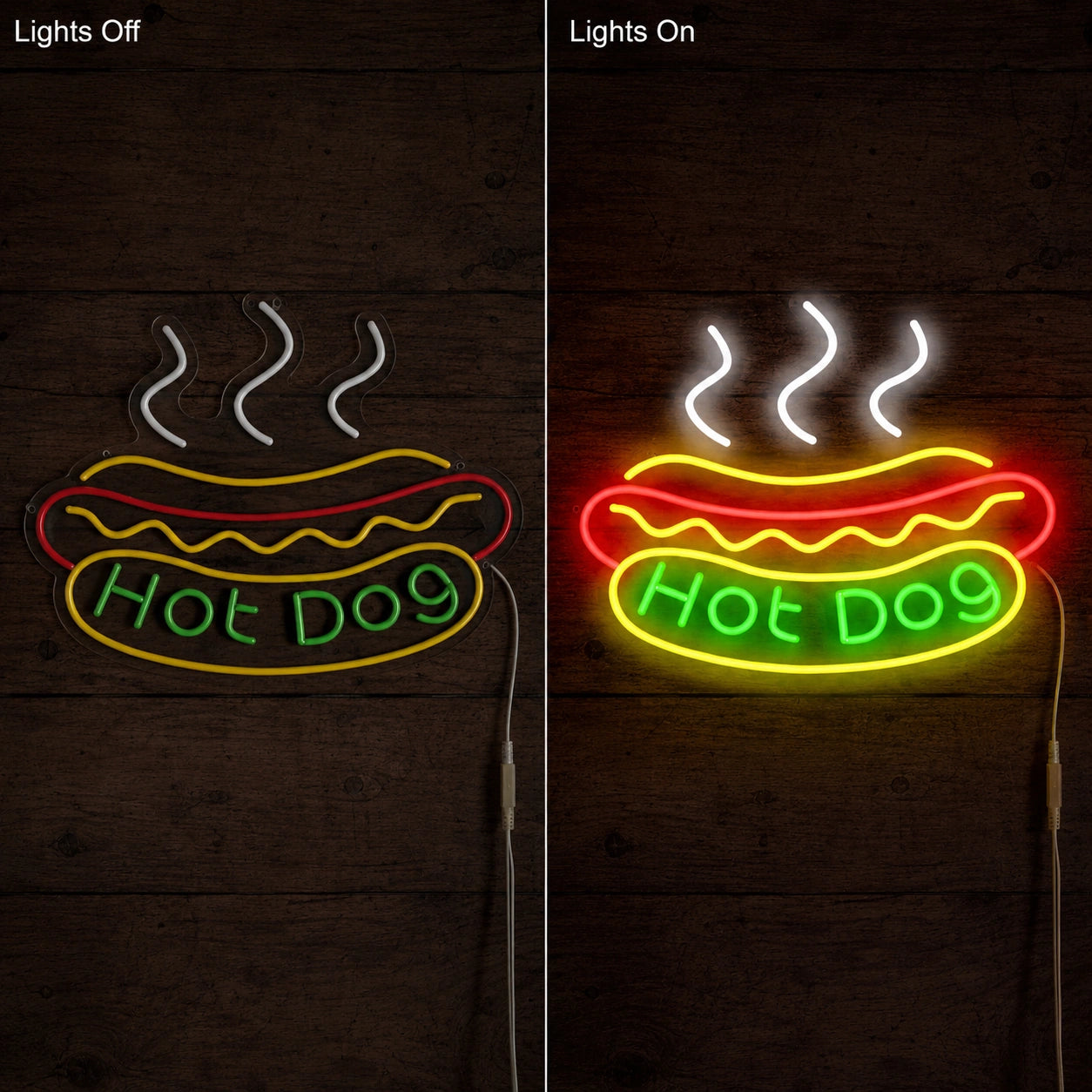Hot Dog Wall Neon Sign LED Neon Sign day and night comparison