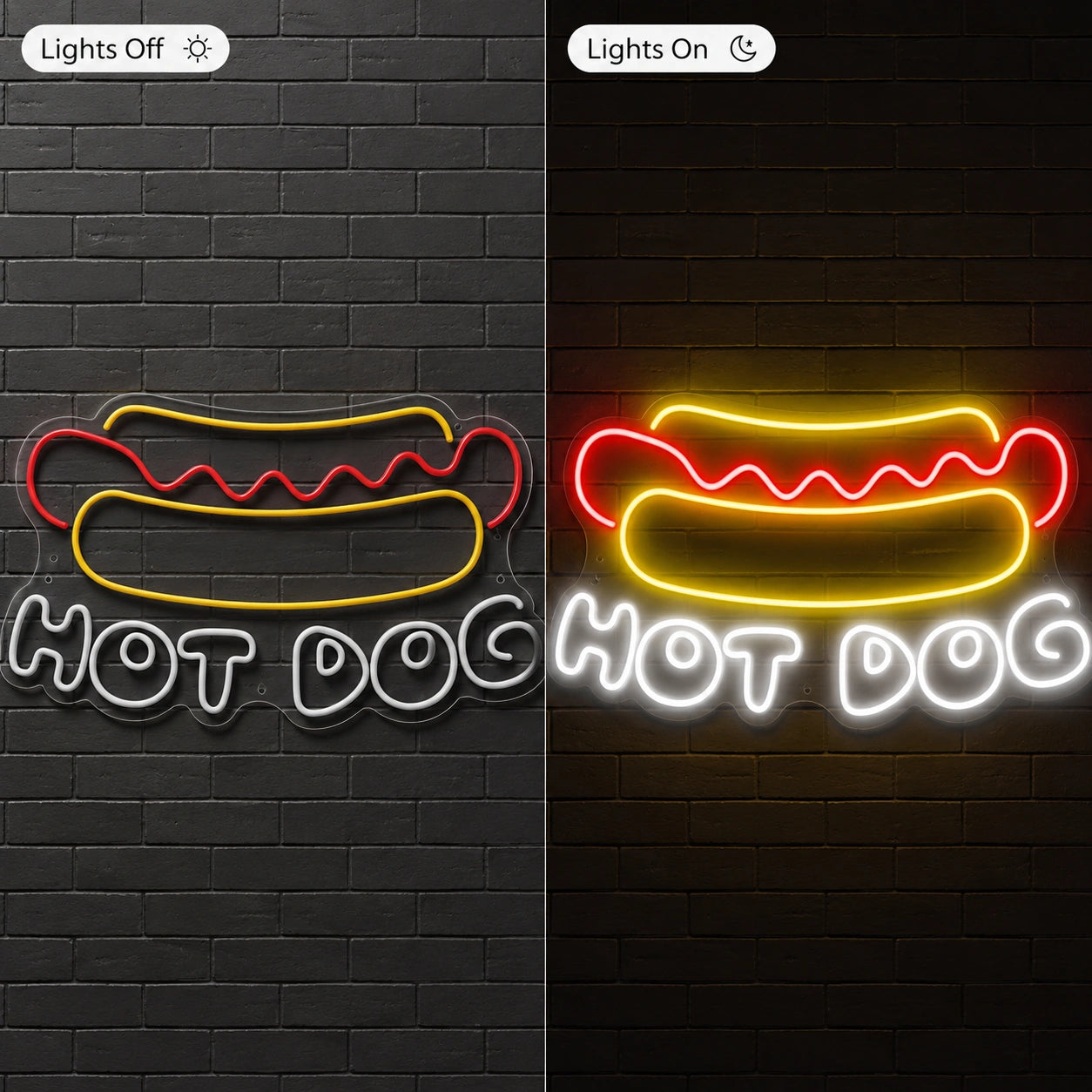 Hot Dog Wall Neon Sign Wall Art LED Neon Sign day and night comparison