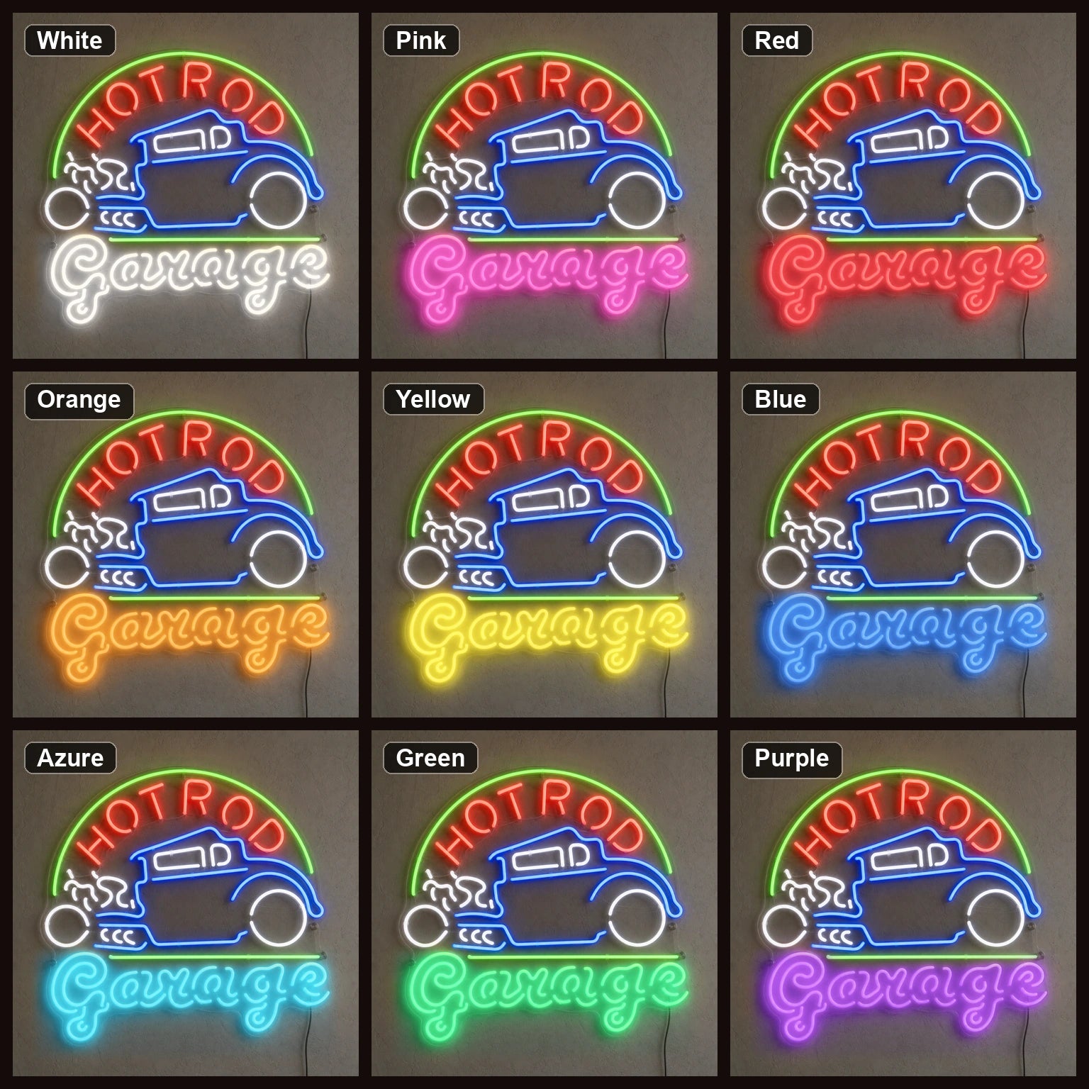 Hot Rod Garage LED Neon Sign color grid