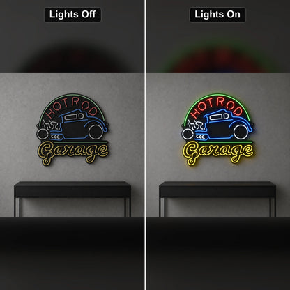 Hot Rod Garage LED Neon Sign Home Garage Wall Decoration day and night comparison