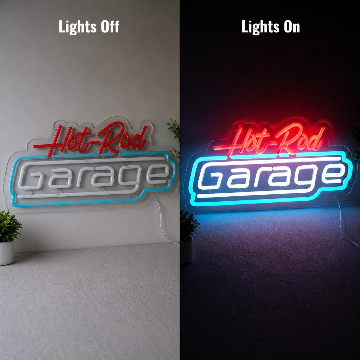 Hot Rod Garage Script Neon Sign LED Neon Sign day and night comparison