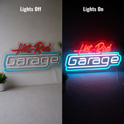 Hot Rod Garage Script Neon Sign LED Neon Sign day and night comparison