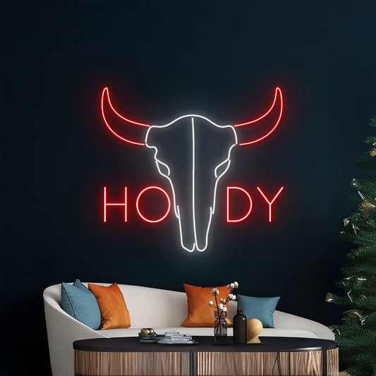 Howdy Bull Skull Neon Sign