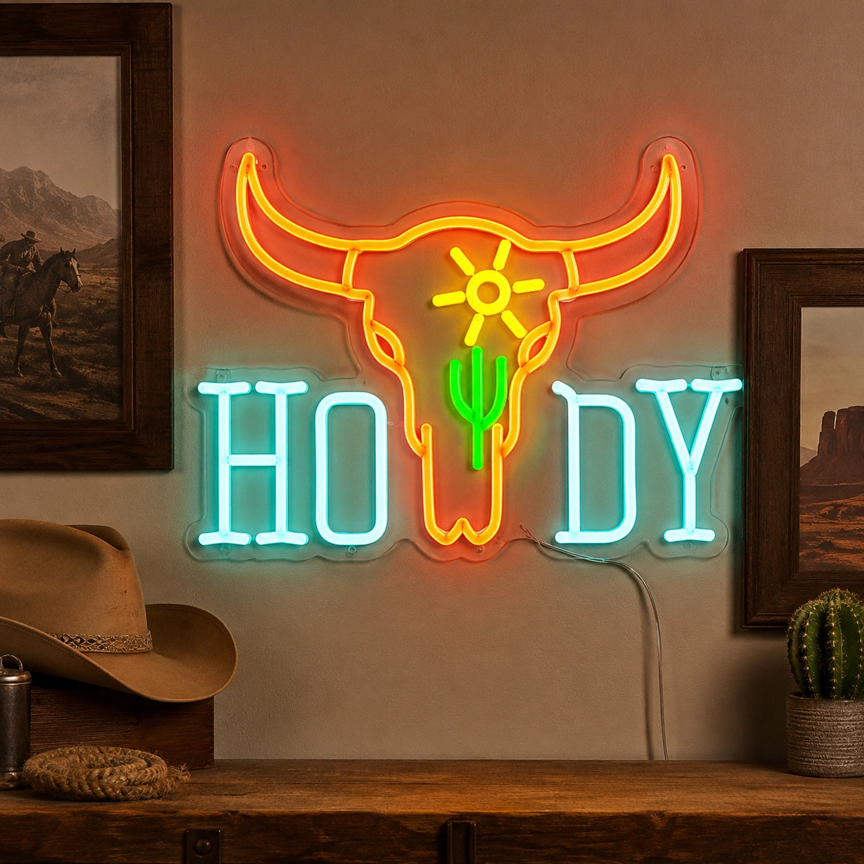 Howdy Cactus Longhorn Neon Sign LED Neon Sign real lifestyle scene