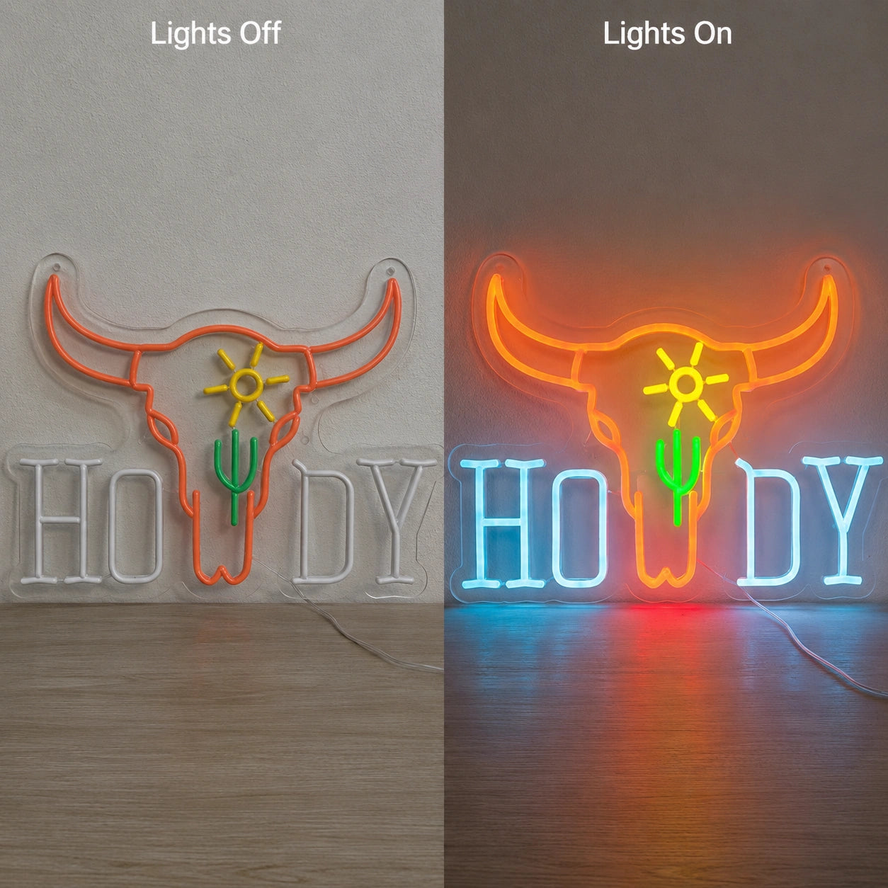 Howdy Cactus Longhorn Neon Sign LED Neon Sign day and night comparison