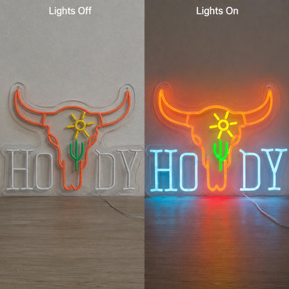 Howdy Cactus Longhorn Neon Sign LED Neon Sign day and night comparison