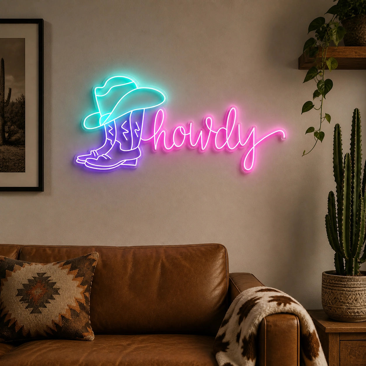 Howdy Cowboy Boot Hat Vintage LED Neon Sign size image