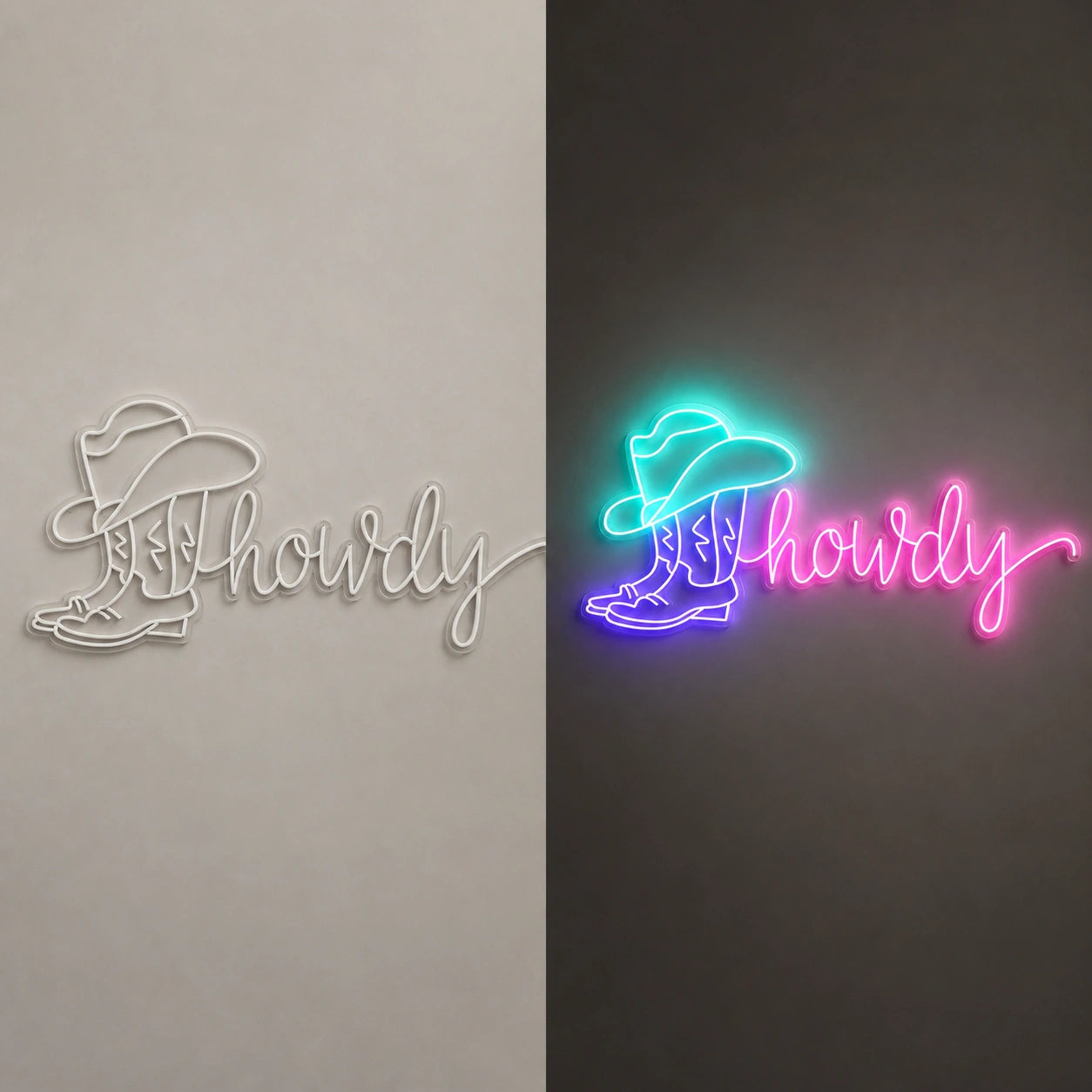Howdy Cowboy Boot Hat Vintage LED Neon Sign day and night comparison