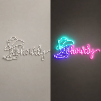 Howdy Cowboy Boot Hat Vintage LED Neon Sign day and night comparison