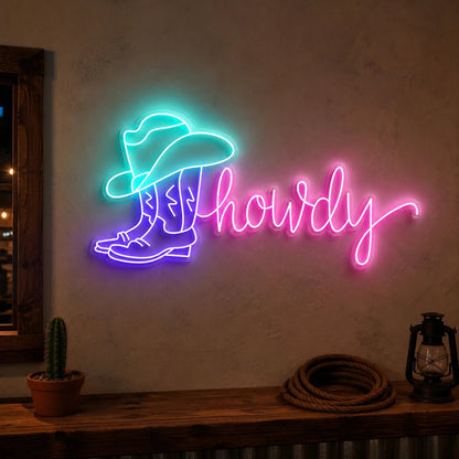 Howdy Cowboy Boot Hat Vintage LED Neon Sign - Shineneon