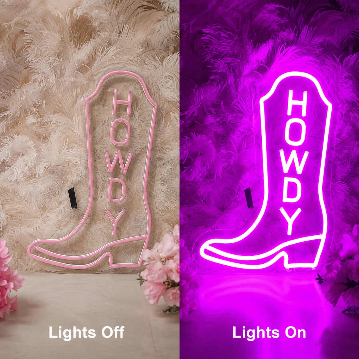 Howdy Cowboy Boot Neon Sign LED Neon Sign day and night comparison