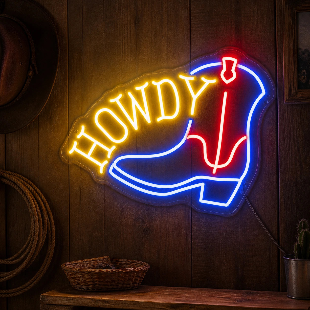 Howdy Cowboy Boots Vintage LED Neon Sign real lifestyle scene