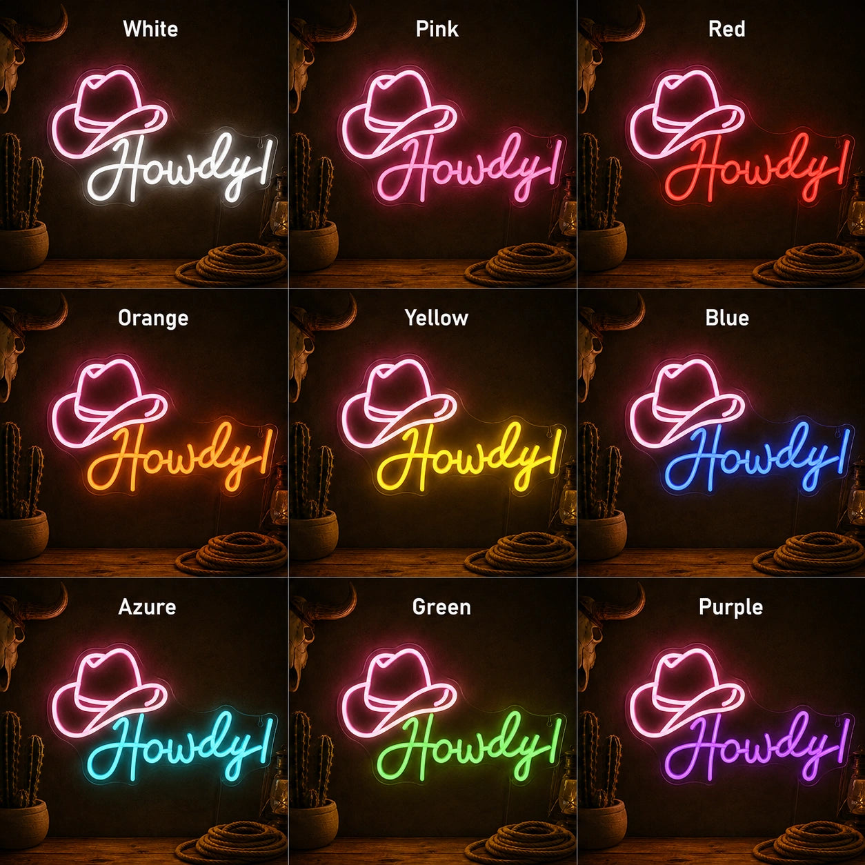 Howdy Cowboy Hat Man Cave LED Neon Sign Man Cave Neon Sign day and night comparison