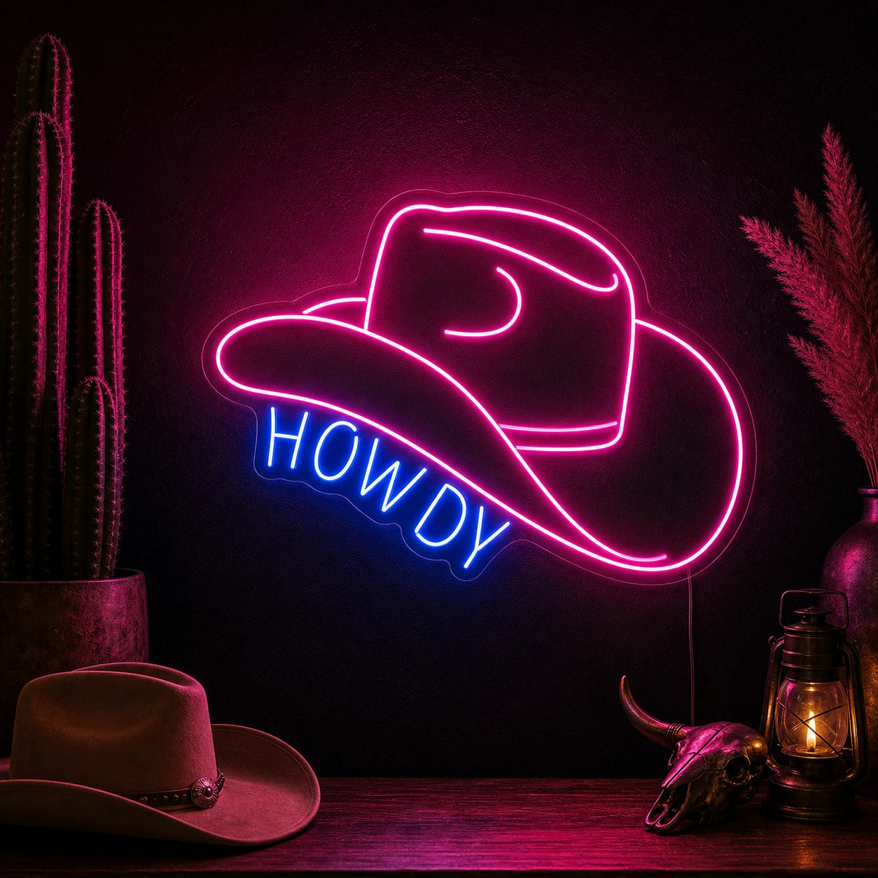 Howdy Cowboy Hat Neon Sign Wall Art LED Neon Sign high-converting product image