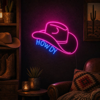 Howdy Cowboy Hat Neon Sign Wall Art LED Neon Sign real lifestyle scene