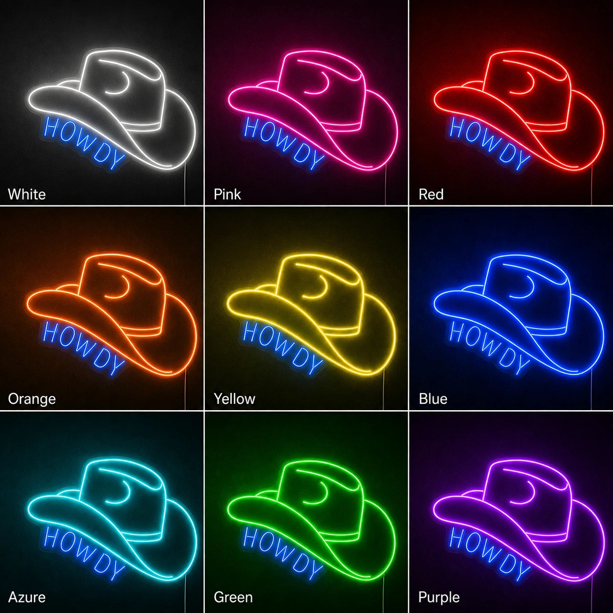 Howdy Cowboy Hat Neon Sign Wall Art LED Neon Sign color grid