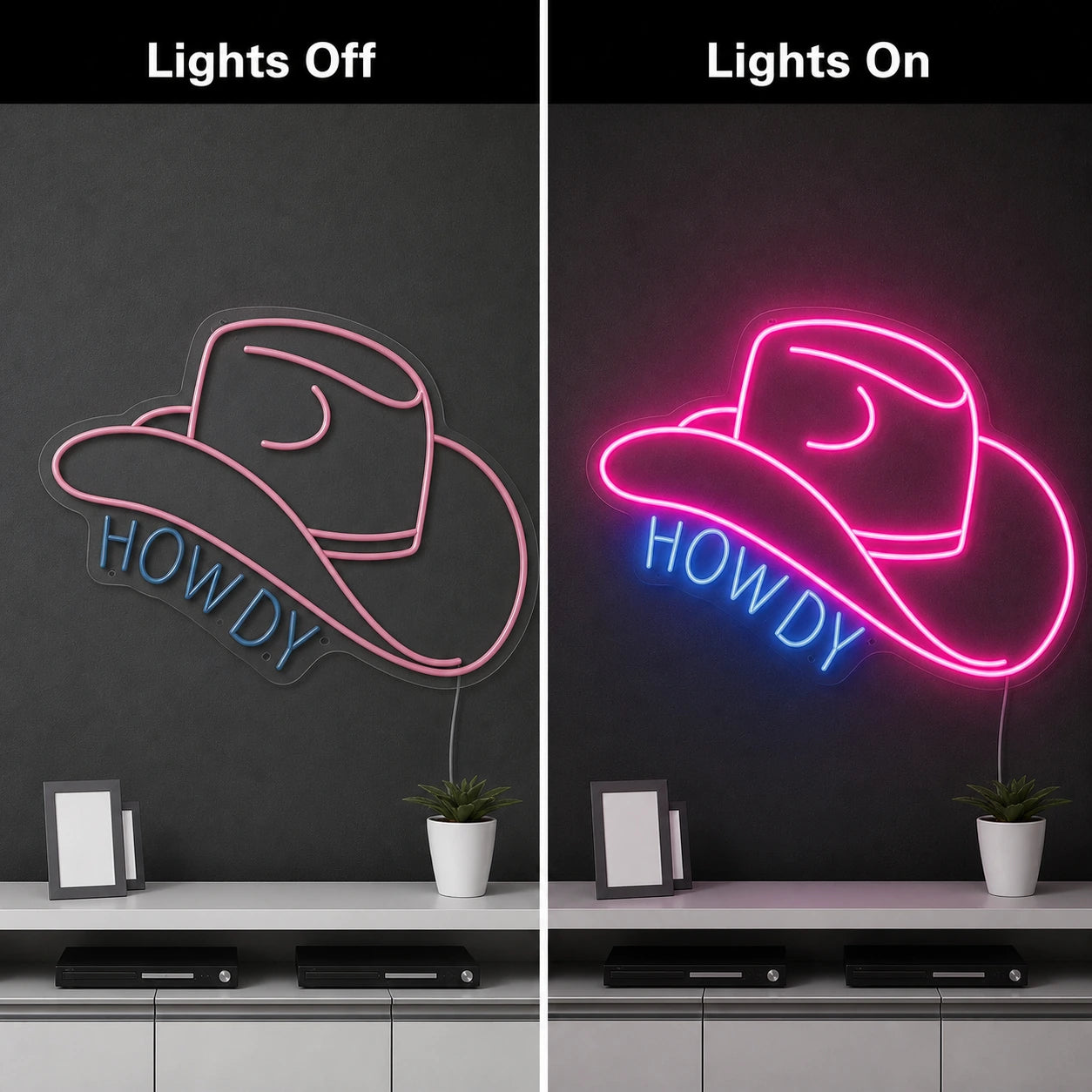 Howdy Cowboy Hat Neon Sign Wall Art LED Neon Sign day and night comparison