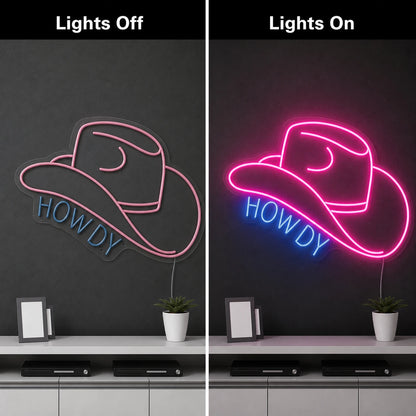 Howdy Cowboy Hat Neon Sign Wall Art LED Neon Sign day and night comparison
