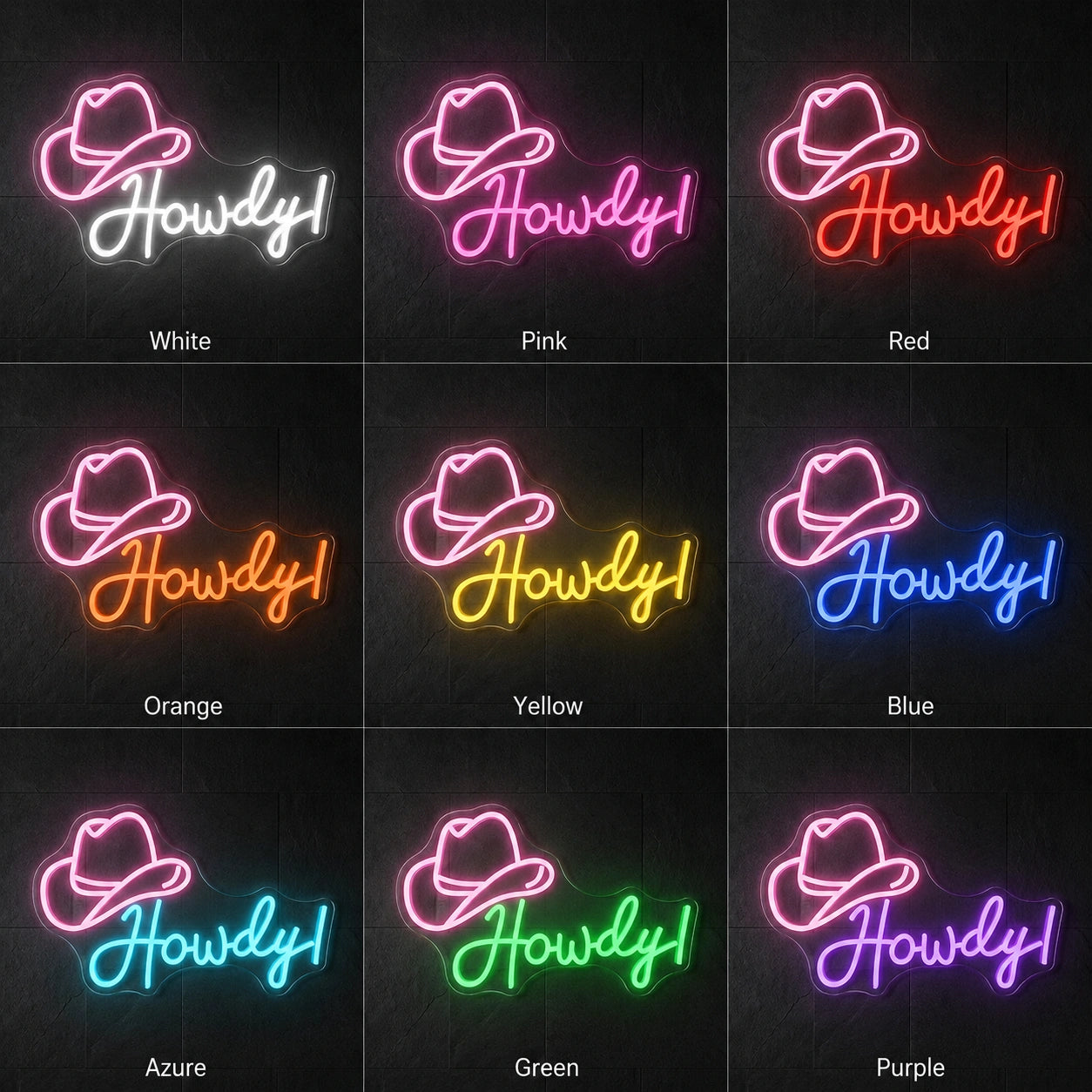 Howdy Cowboy Hat Neon Sign Wall Decor LED Neon Sign color grid