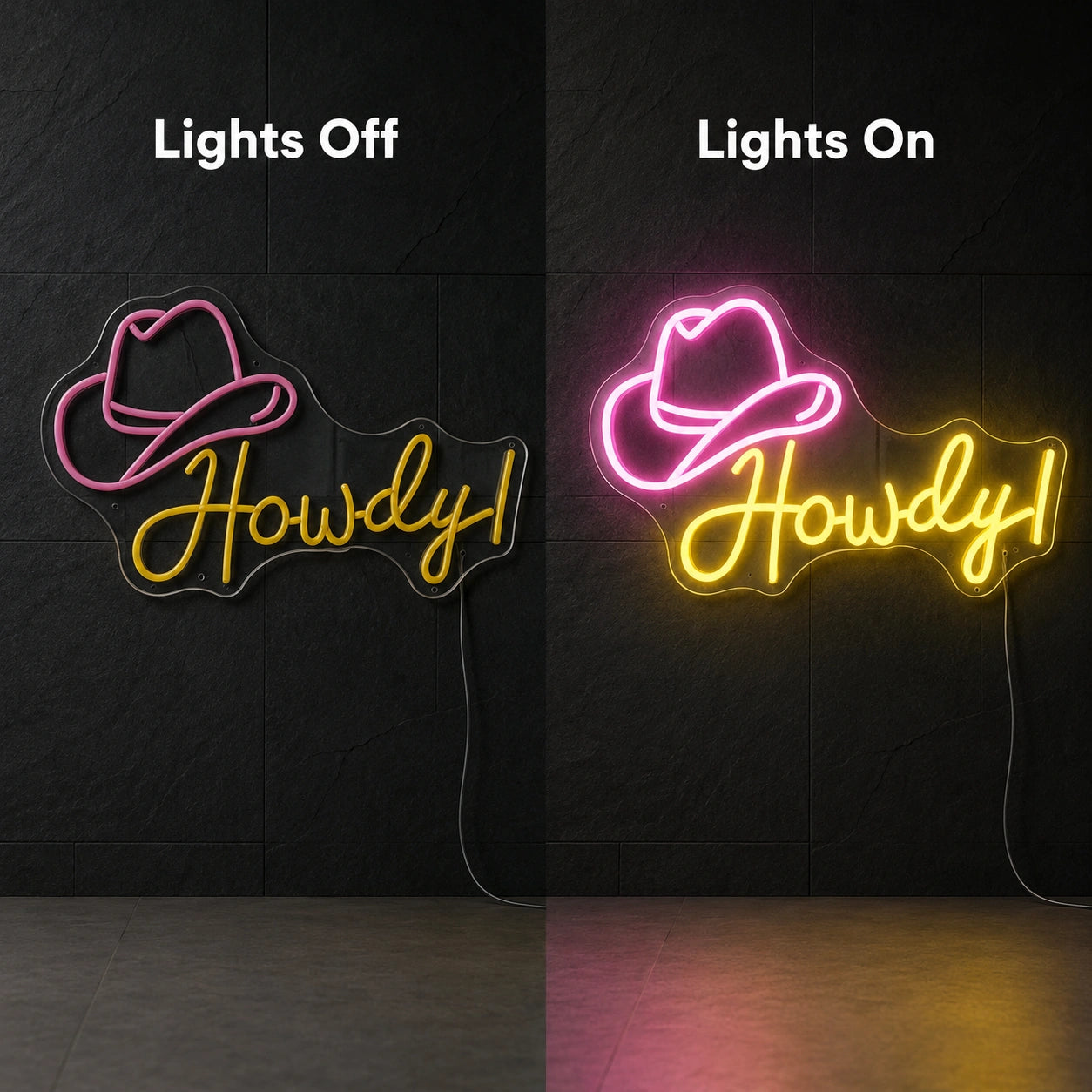 Howdy Cowboy Hat Neon Sign Wall Decor LED Neon Sign day and night comparison