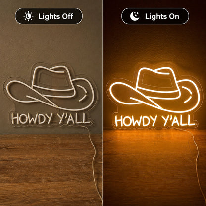 Howdy Yall Cowboy Hat Neon Sign LED Neon Sign day and night comparison