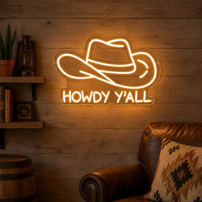 Howdy Yall Cowboy Hat Vintage LED Neon Sign size image