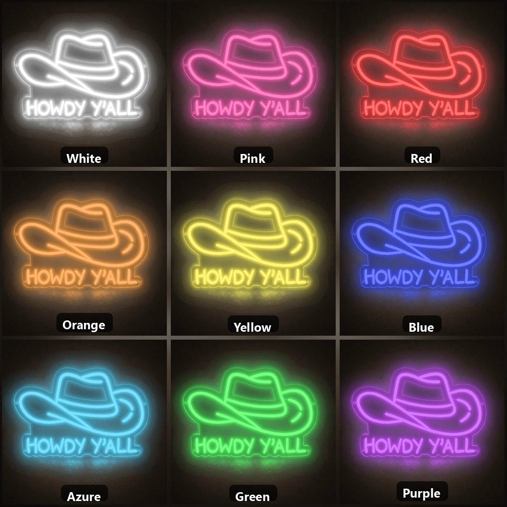 Howdy Yall Cowboy Hat Vintage LED Neon Sign color grid