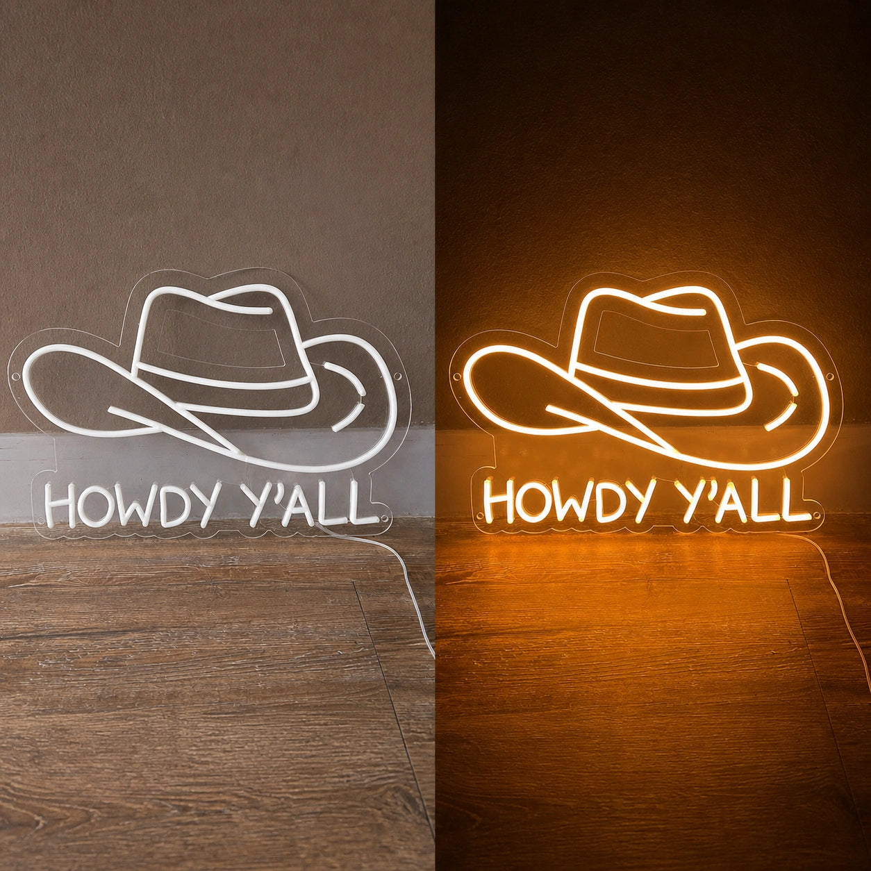 Howdy Yall Cowboy Hat Vintage LED Neon Sign day and night comparison