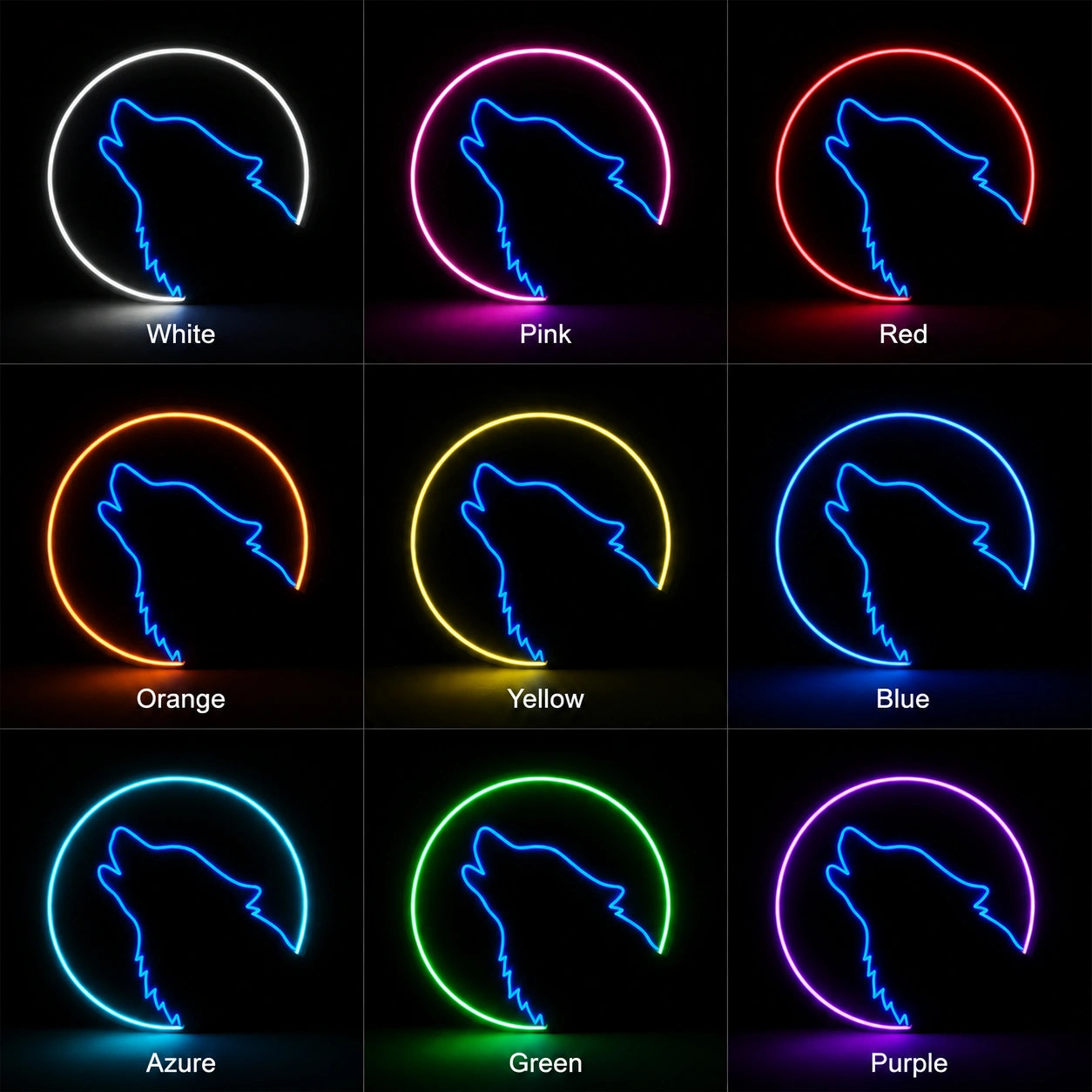 Howling Wolf Circle LED Neon Sign day and night comparison