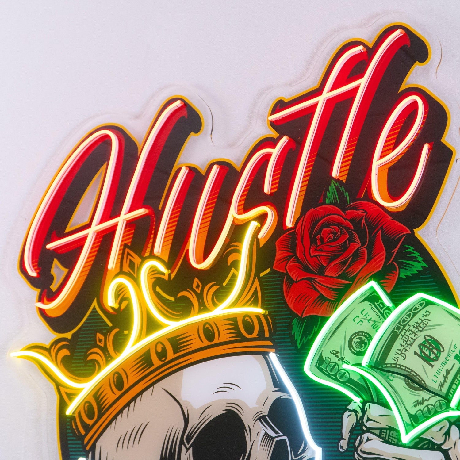 Hustle Rich Skull Crown Uv Printed Led Neon Sign For Room Studio Decor | Shineneon