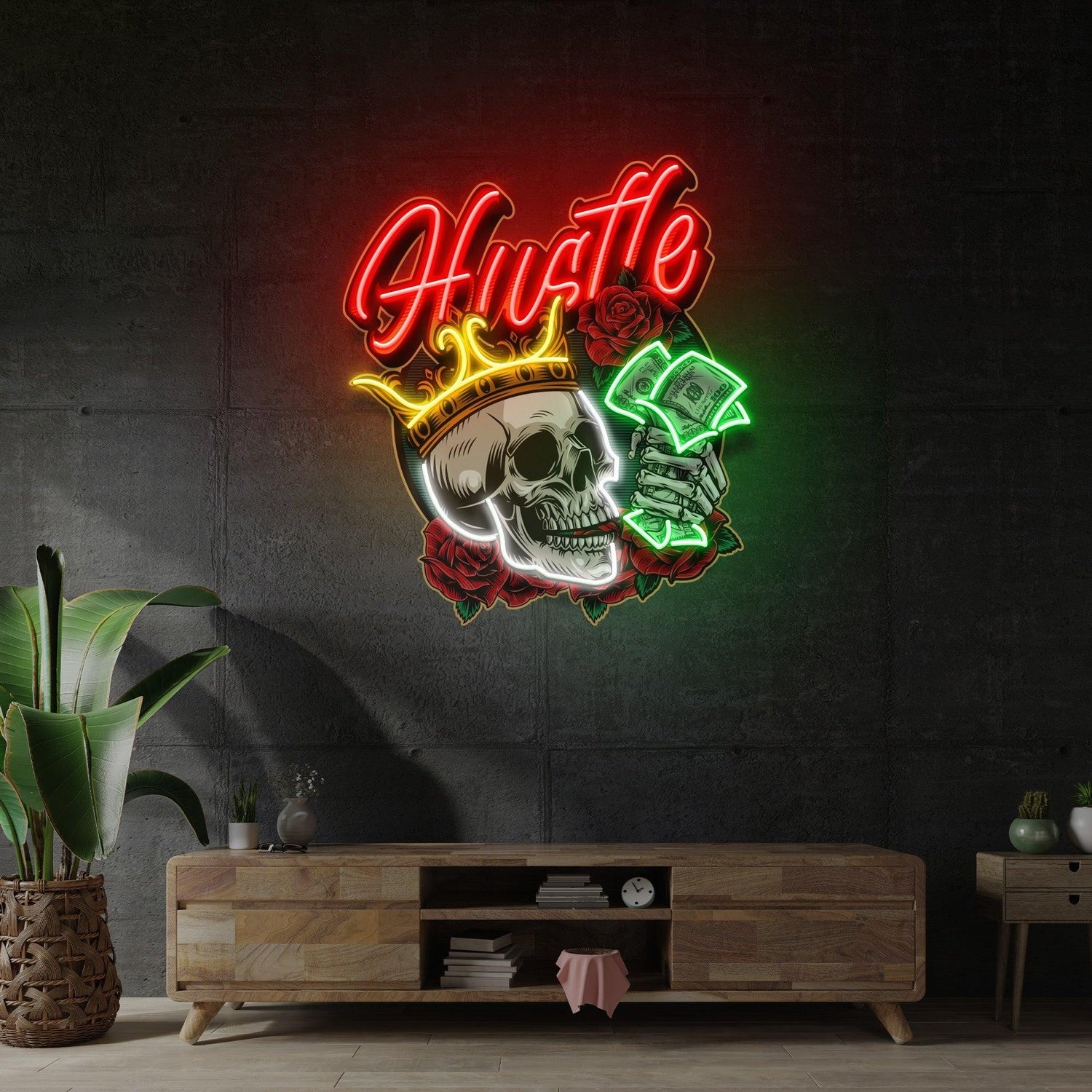 Hustle Rich Skull Crown Uv Printed Led Neon Sign For Room Studio Decor | Shineneon