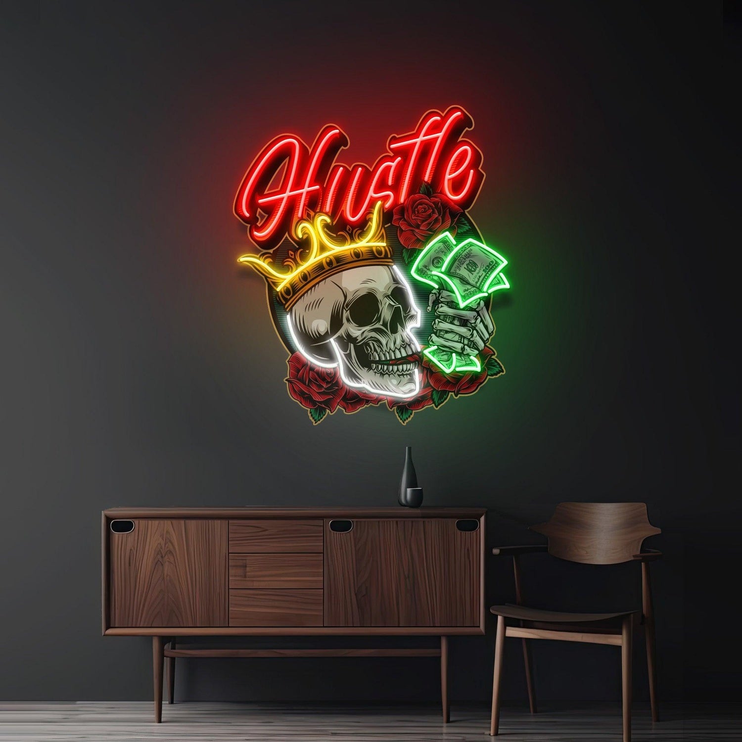 Hustle Rich Skull Crown Uv Printed Led Neon Sign For Room Studio Decor | Shineneon
