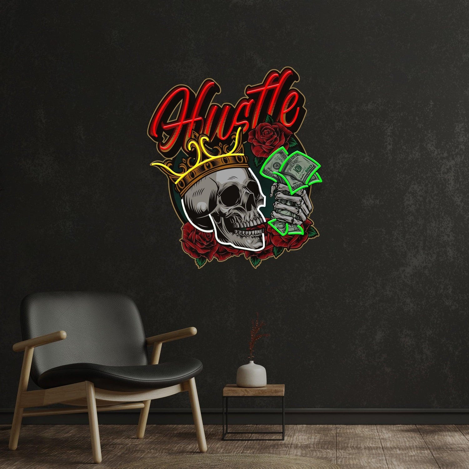 Hustle Rich Skull Crown Uv Printed Led Neon Sign For Room Studio Decor | Shineneon