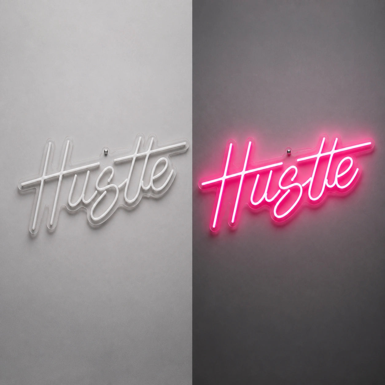 Hustle Vintage LED Neon Sign day and night comparison