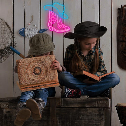 Ice Blue Cowboy Hat And Dark Pink Cowboy Shoes Led Neon Sign Party Decor | Shineneon
