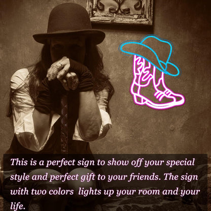 Ice Blue Cowboy Hat And Dark Pink Cowboy Shoes Led Neon Sign Party Decor | Shineneon