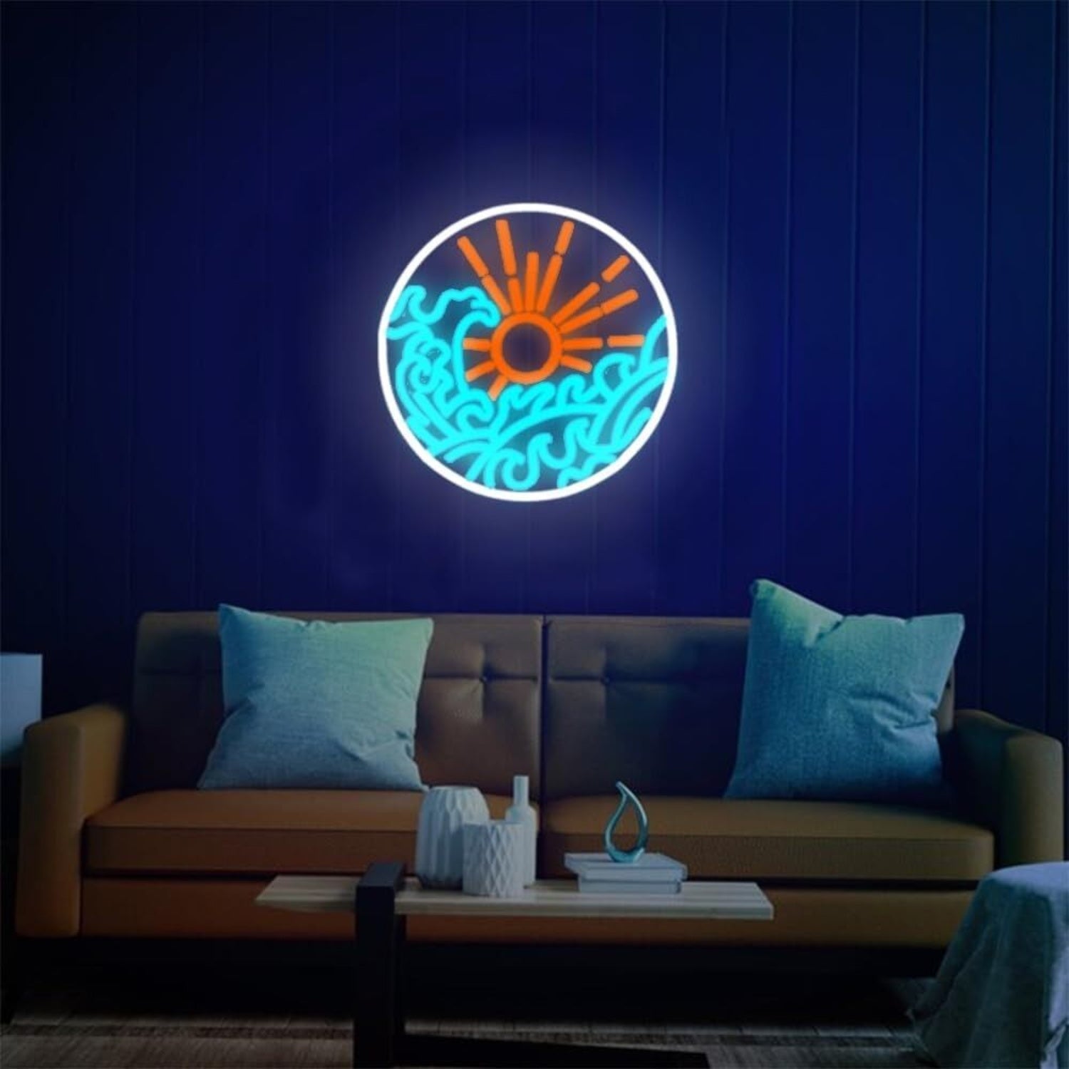 Ice Blue Waves And Orange Sun Mystery Led Neon Sign - Shineneon