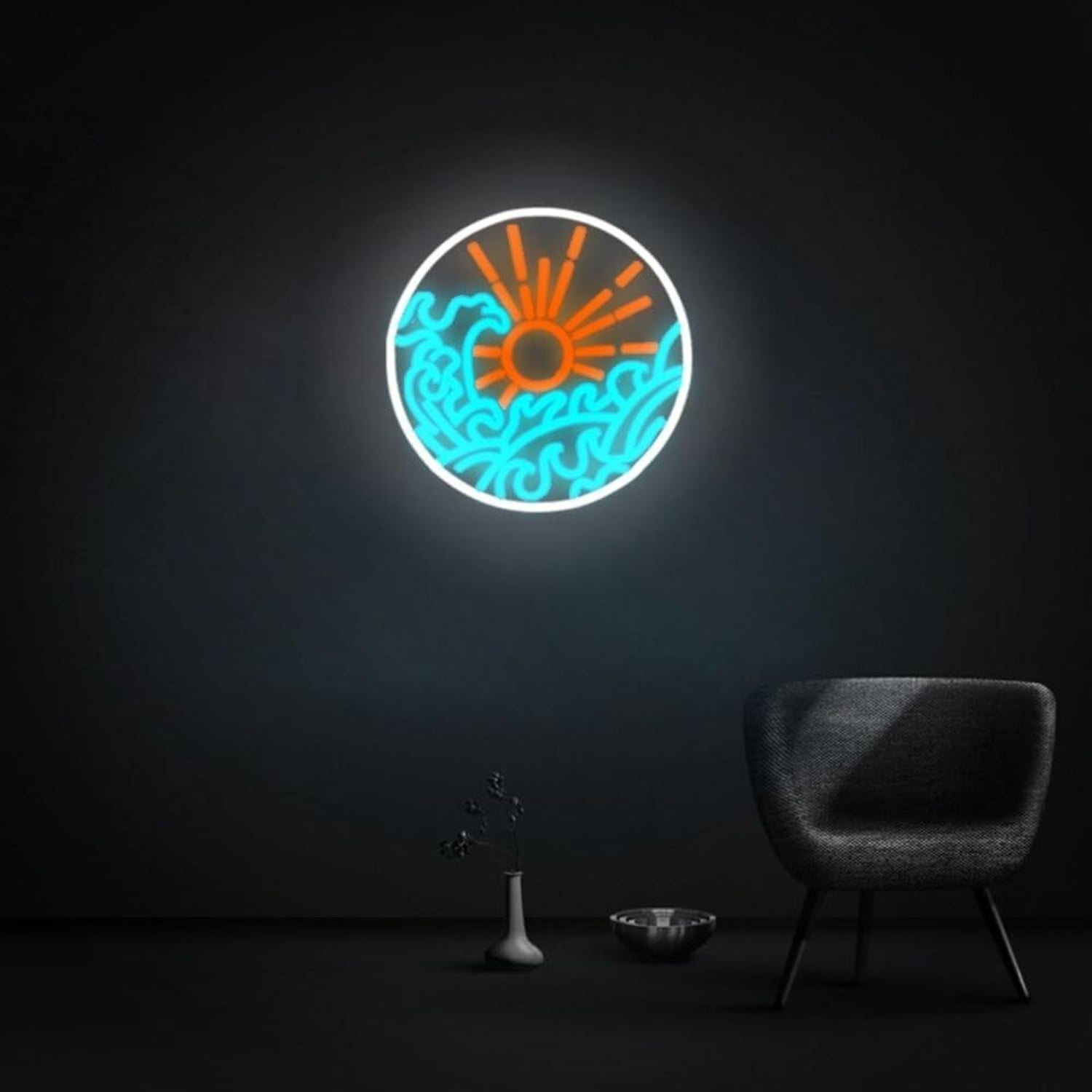 Ice Blue Waves And Orange Sun Mystery Led Neon Sign - Shineneon