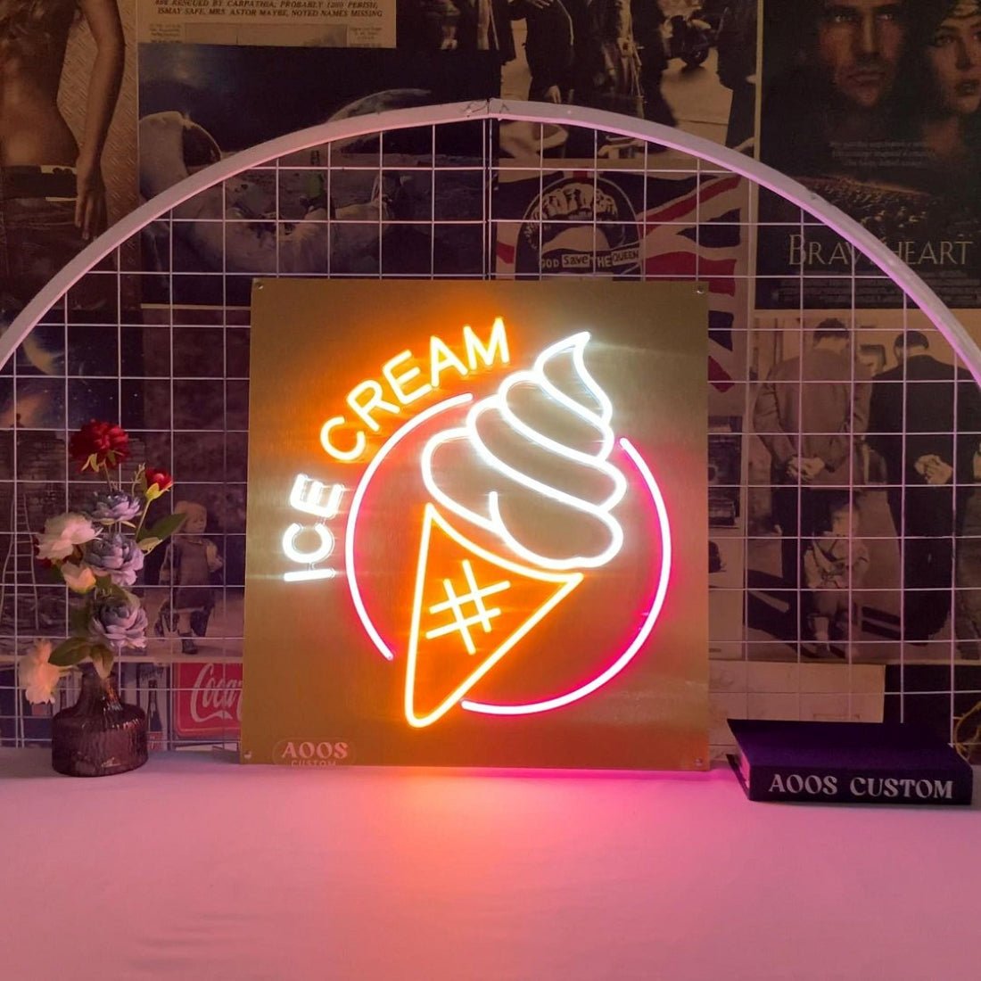 Ice Cream Neon Sign Mounted On The Metal Backboard Led Business Sign - Shineneon