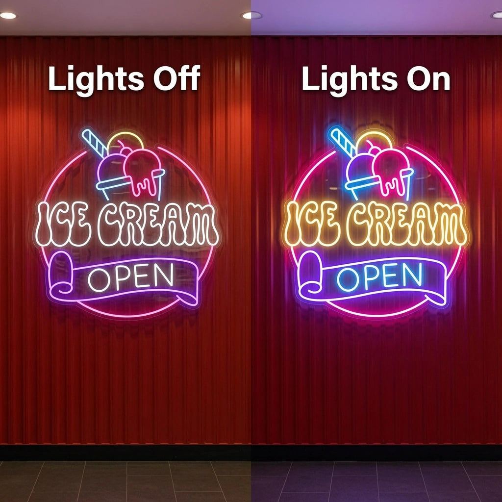 Ice Cream Open LED Neon Sign - 06 Day Night Comparison