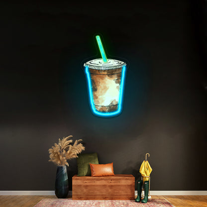 Iced Coffee Blue Straw Artwork Neon Sign Art