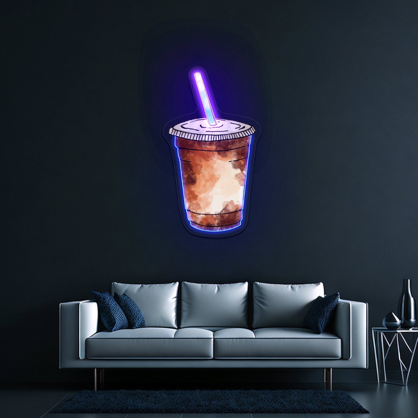 Iced Coffee Blue Straw Artwork Neon Sign Art