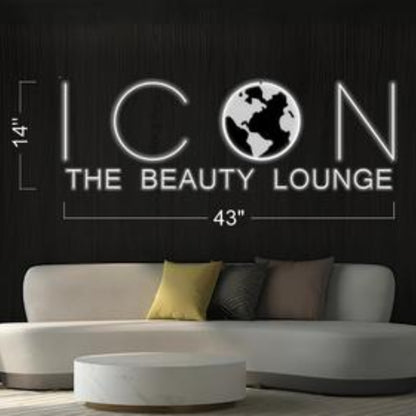 Icon The Beauty Lounge White Text And Globe Led Neon Sign For Salon Wall Decor | Shineneon