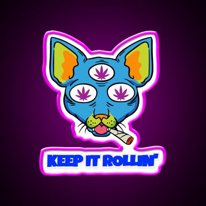 Illuminati Cat Hemp Inspired Green Leaf Led Neon Sign Rgb Color - Neon sign mounted on wall in room