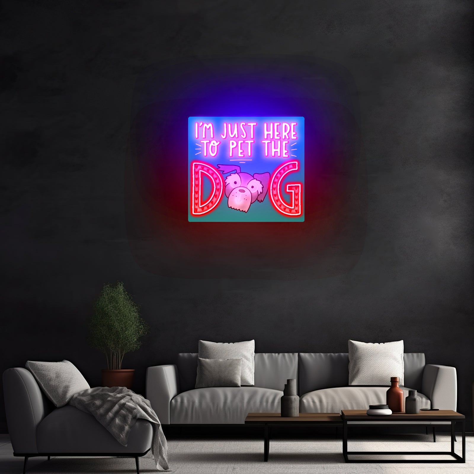 Im Just Here To Pet The Dog Artwork Gaming Neon Signs - Neon sign mounted on wall in room
