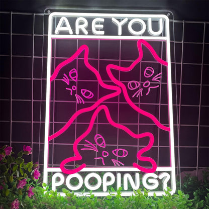 Funny Curious Kitty Cats “Are You Pooping?” LED Neon Sign for bathroom and Gift Wall Decor