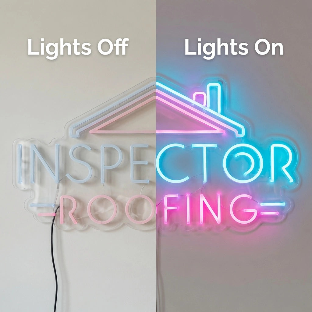 Inspection Roofing LED Neon Sign - 06 Day Night Comparison