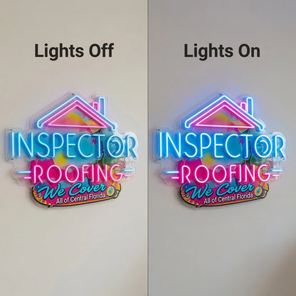Inspector Roofing LED Neon Sign - 06 Day Night Comparison