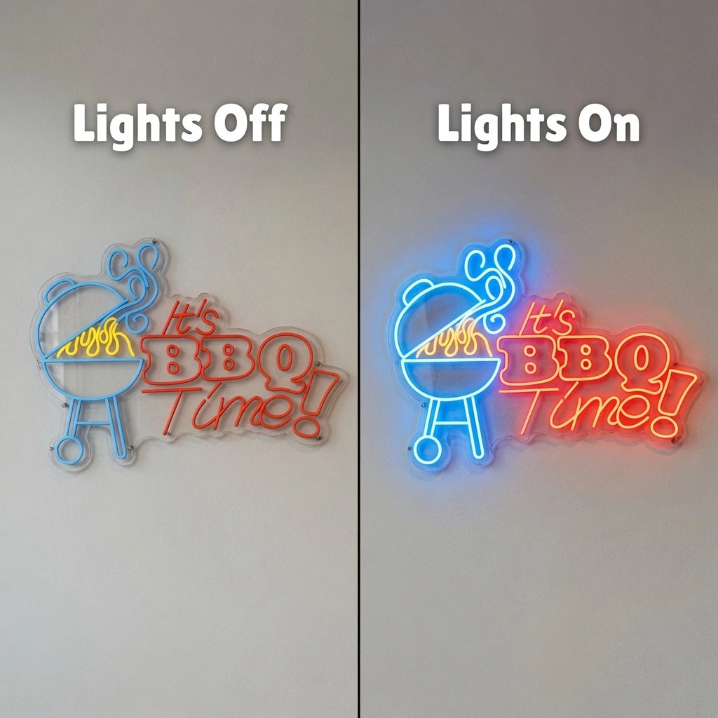 It S Bbq Time Wall Decor LED Neon Sign - 06 Day Night Comparison